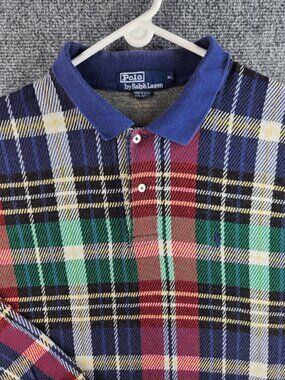 VTG Polo Ralph Lauren USA Made Plaid Knit Colorful Polo Shirt Long Sleeve XL